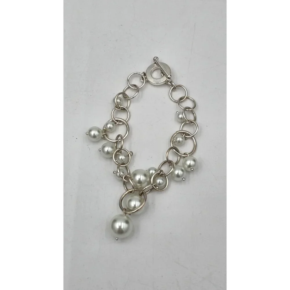 Silver Tone Dangle Faux Pearl Charm Bracelet Circle Link Toggle Clasp Jewelry